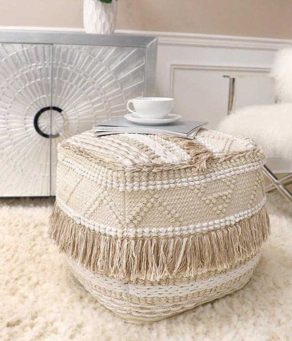 Pasargad Grandcanyon Beige Cotton Pouf with Tassel