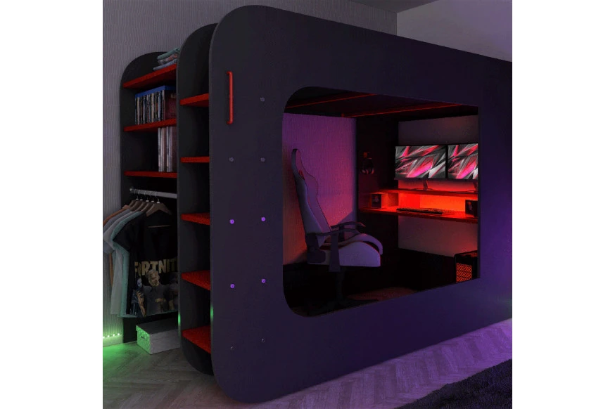 Trasman™ Gamer Bunk Bed with Table and Shelves - Red/Black, 90x200cm