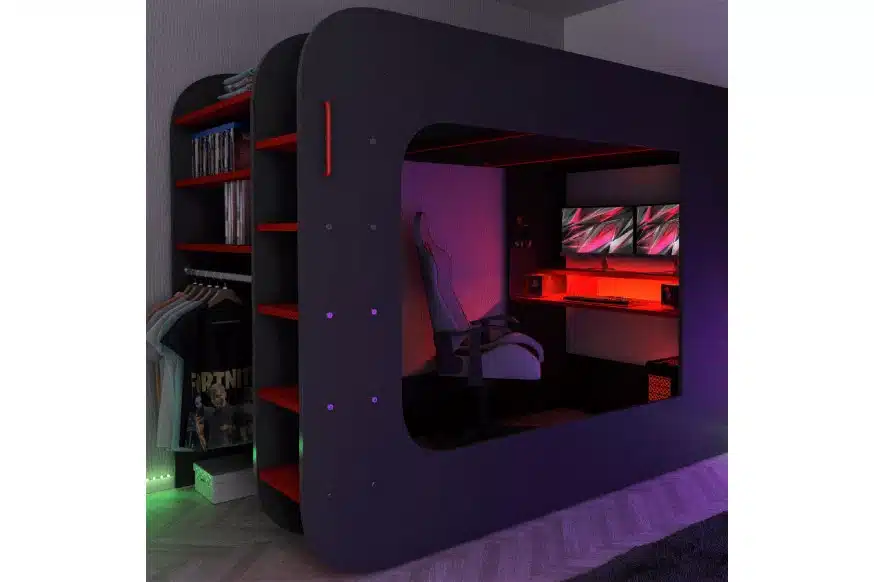 Trasman™ Gamer Bunk Bed with Table and Shelves - Red/Black, 90x200cm