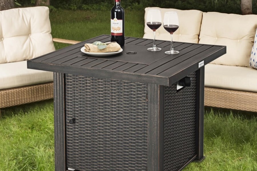 FaFurn™ Outdoor Square Propane Gas Fire Pit Table with Adjustable Flame. Color: Dark Brown, Assembly: Assembly Required, Fuel type: Propane