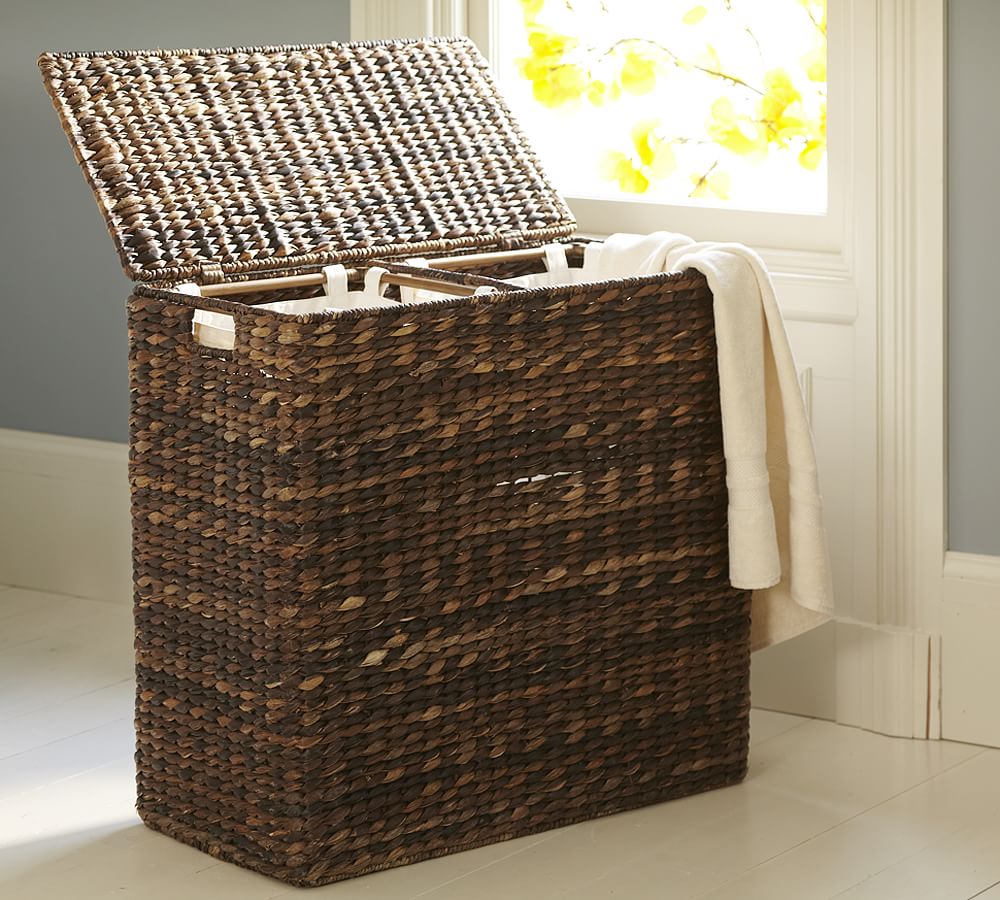 An irreplaceable laundry basket with handles and two baskets, handmade from hyacinth linen, will be a good helper for you to keep your home clean