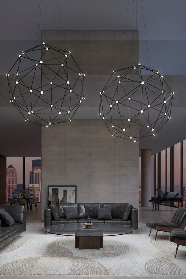 Modern and stylish round Sonneman Constellation Hedron Chandelier