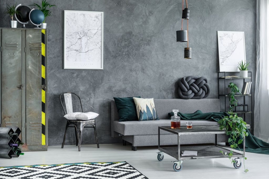 Themed Interior Decoration Bachelor Sofa Grey Wall