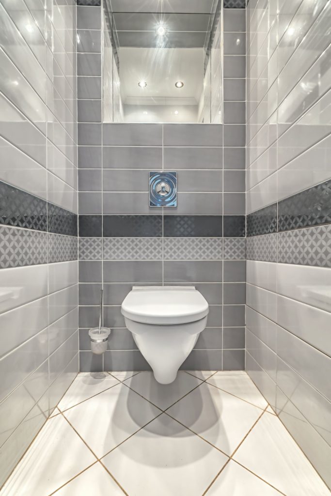 White Toilet Grey Tiles Brightness Mirror