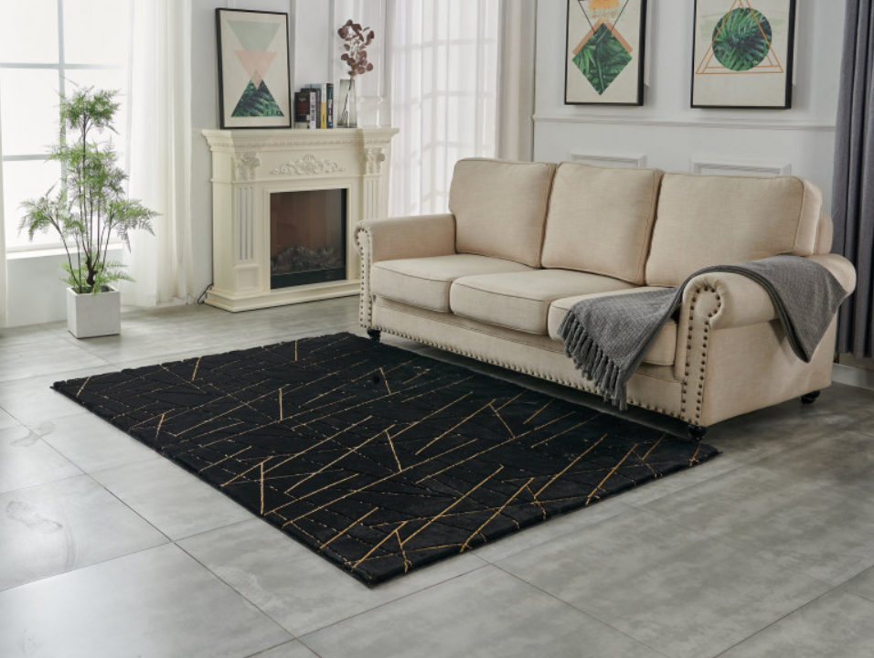 Furnings™ Lily Luxury Black Geometric Washable Abstract Gold-Gilded Chinchilla Faux Fur Area Rug - 3'L x 2'W