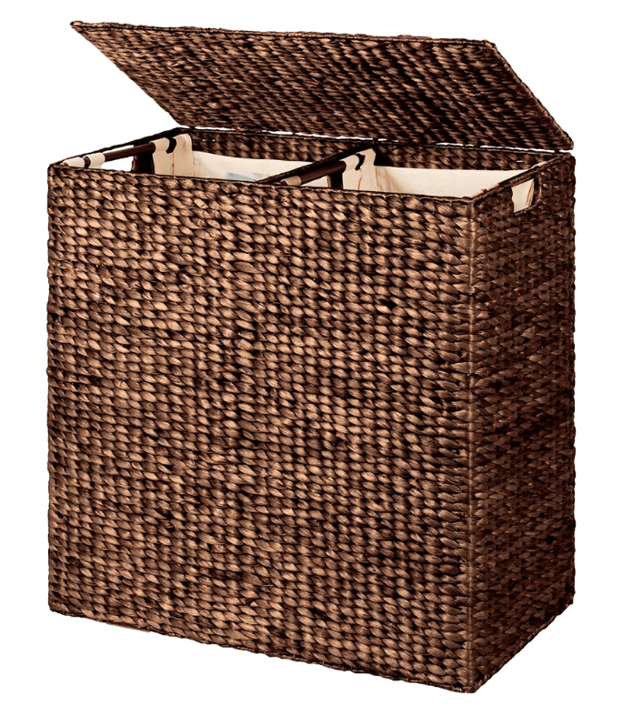 FaFurn - Espresso 2-Bin Handwoven Hyacinth Linen Liner Laundry Hamper with Handles