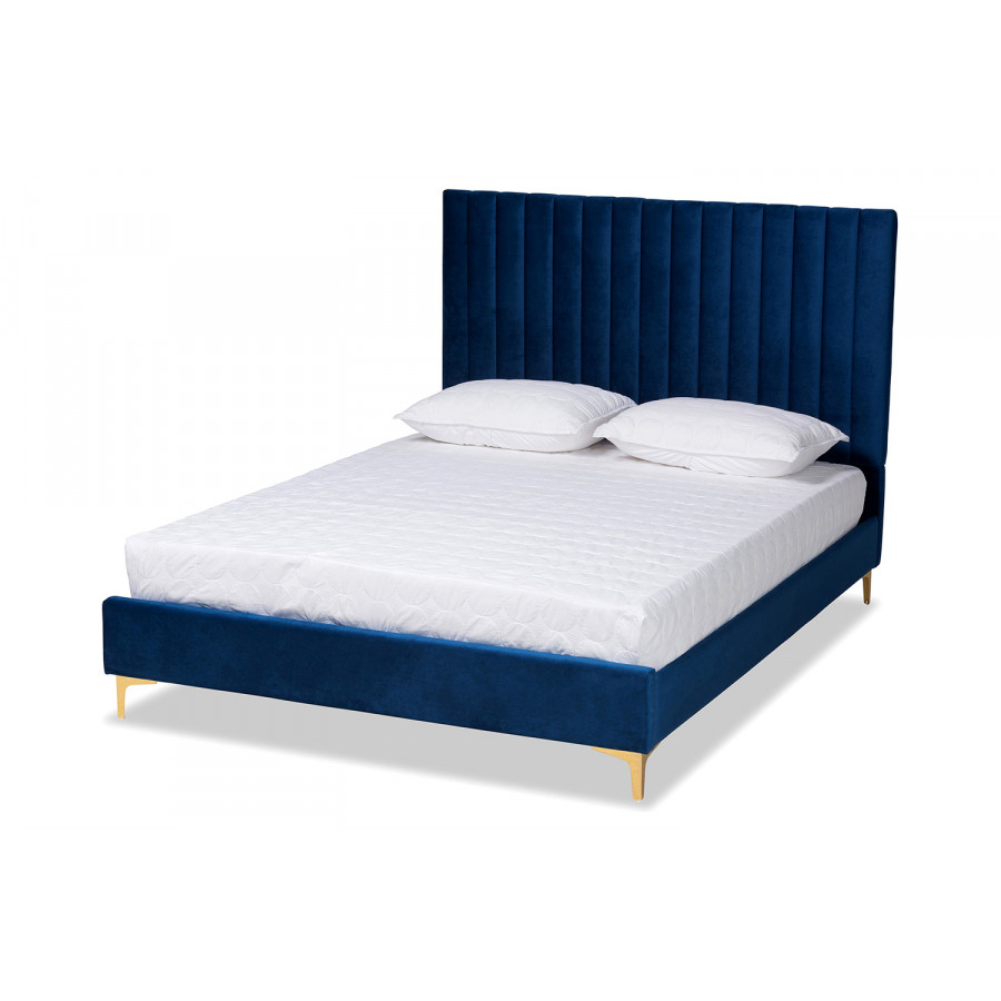 Baxton - Serrano Contemporary Navy Blue Velvet Glam Platform Bed Full Size
