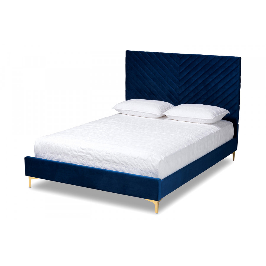 Baxton - Fabrico Contemporary Glam Navy Blue Velvet Platform Bed Full Size