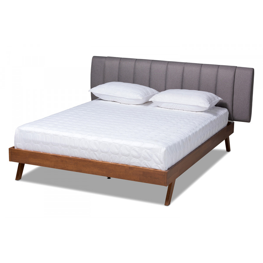 Baxton - Brita Mid Century Grey/Walnut Modern Bed King Size
