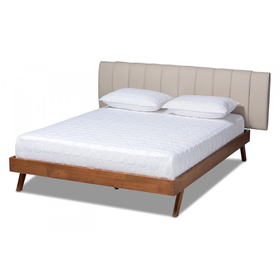 Baxton - Brita Mid Century Light Beige/Walnut Modern Bed King Size
