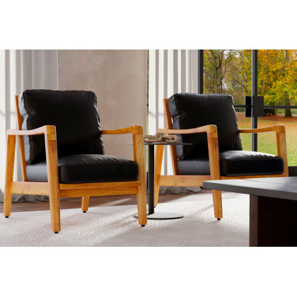 Mobital Craftsman Square Arms Lounge Chair - Black, Leather, Wood Natural Frame