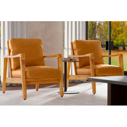 Mobital Craftsman Square Arms Lounge Chair - Tan, Leather, Wood Natural Frame