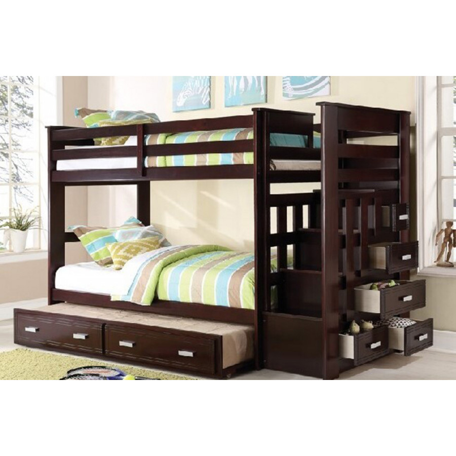 ACME Allentown Twin Over Twin Bunk Bed with Storage Ladder and Trundle - Espresso