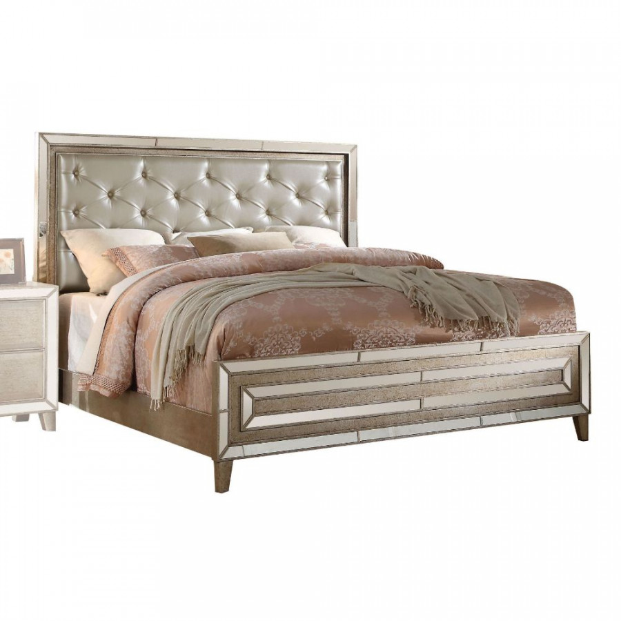 ACME - Voeville Eastern King Bed in Matte Gold PU/Antique Silver