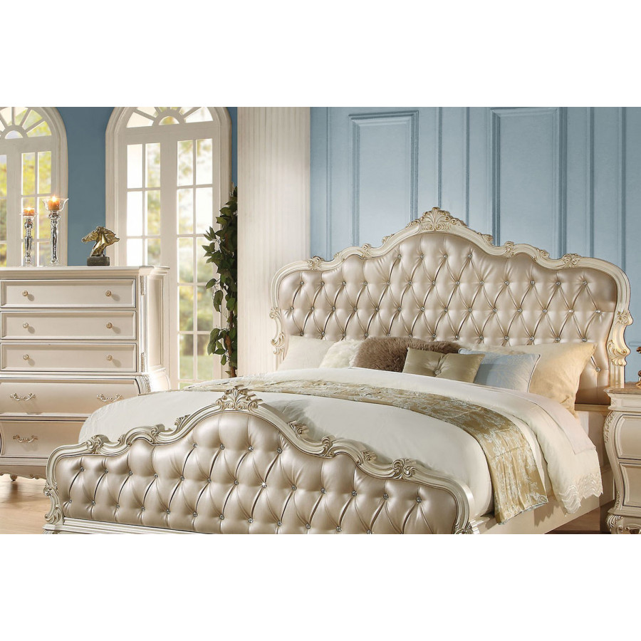 ACME Chantelle Bed with Button Tufted Panels Pearl White - King Size