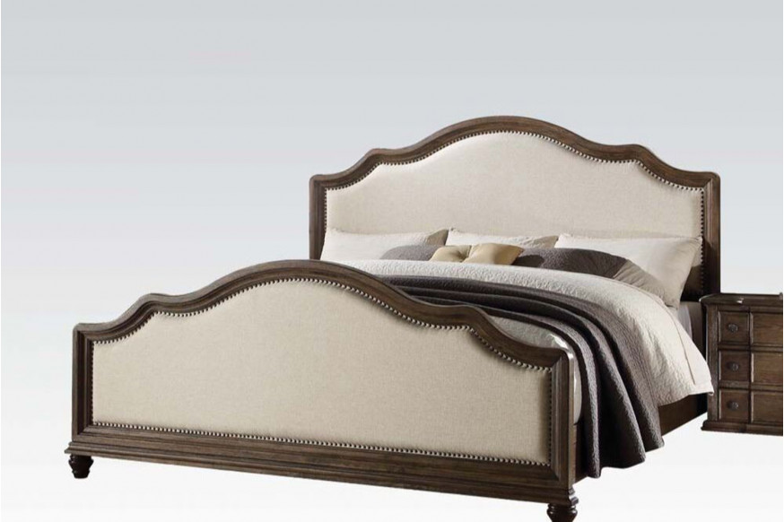ACME™ Baudouin Bed in Beige Linen and Weathered Oak - Eastern King Size