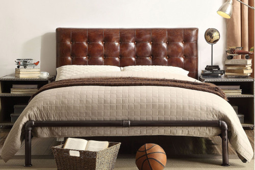 ACME™  - Brancaster Vintage Brown Leather Queen Upholstered Metal Bed