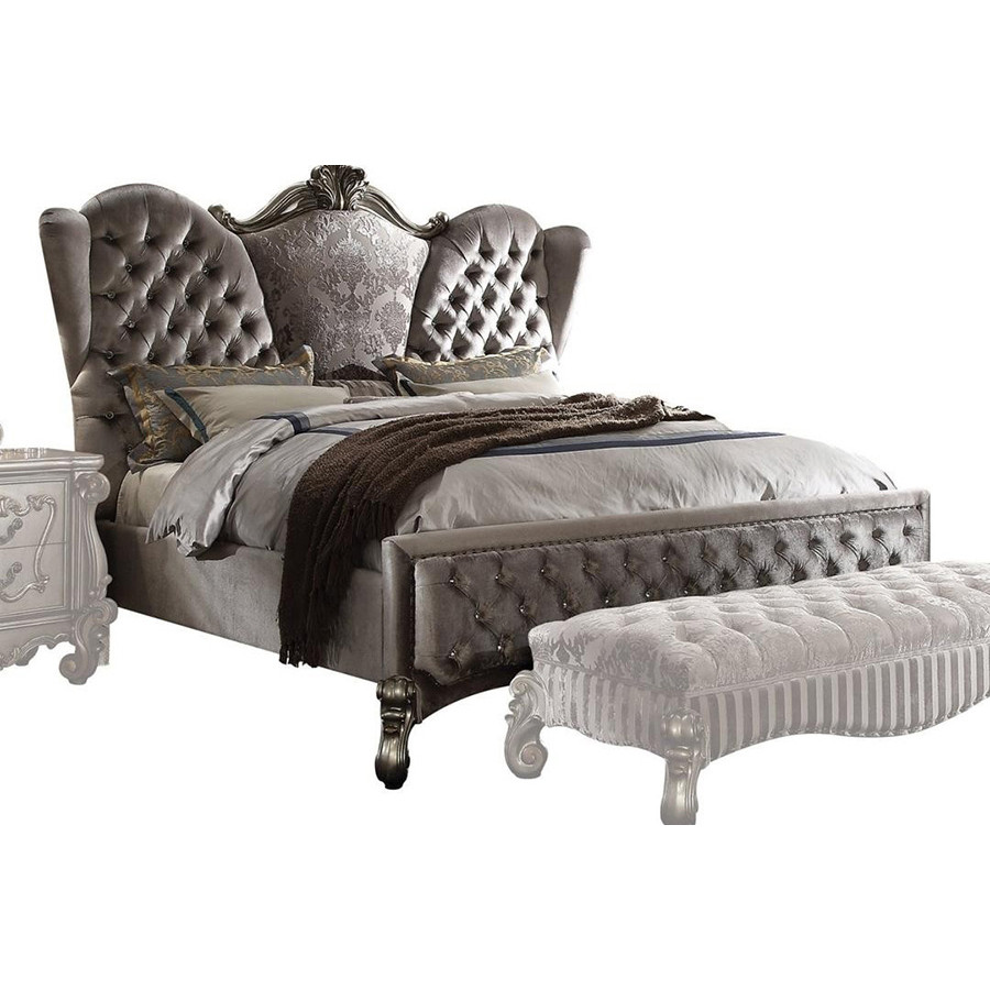ACME Versailles Upholstered Panel Bed - Silver Velvet and Antique Platinum Silver, California King Size