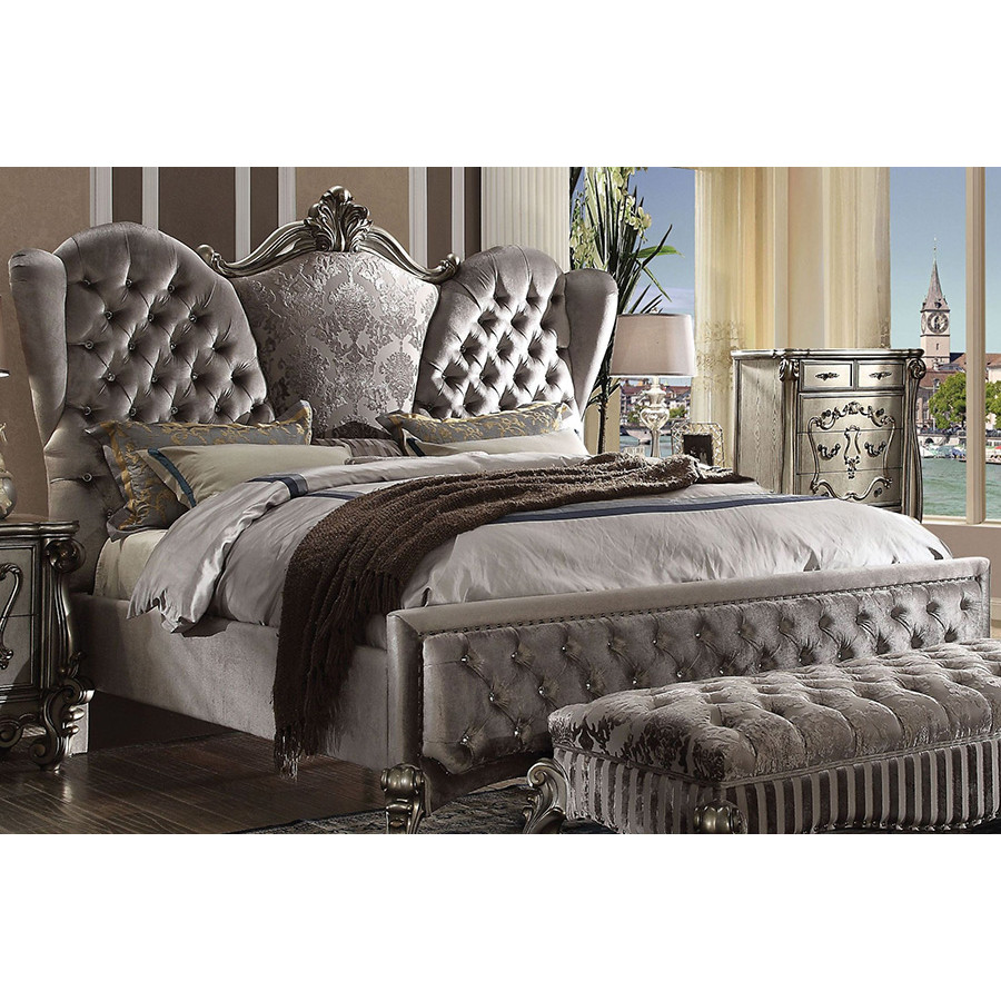 ACME Versailles Upholstered Panel Bed - Silver Velvet and Antique Platinum Silver, King Size