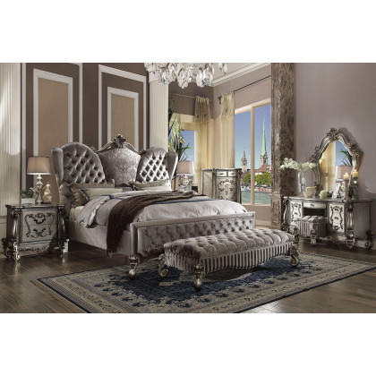 ACME Versailles Upholstered Panel Bed - Silver Velvet and Antique Platinum Silver, King Size