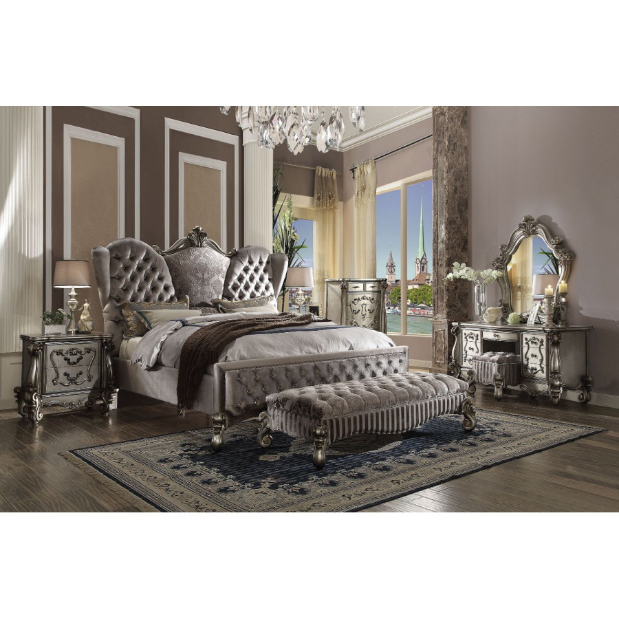 ACME Versailles Queen Bed - Velvet/Antique Platinum