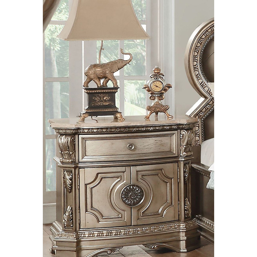 ACME - Northville Nightstand with Marble Top in Marble Top/Antique Silver