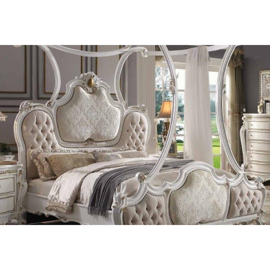 ACME Picardy Bed with Canopy - Fabric and Antique Pearl, California King Size