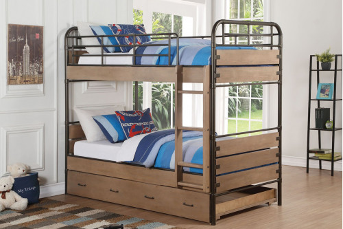ACME™  - Adams Antique Oak Twin Over Twin Bunk Bed with Trundle