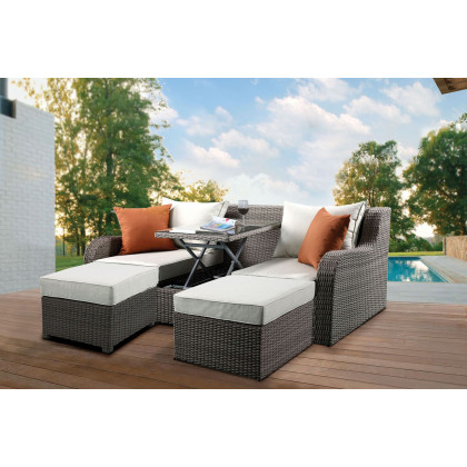 ACME - Salena Patio Sofa with 2 Pillows & 2 Ottomans in Beige/Gray Wicker