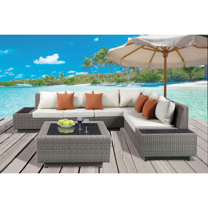 ACME - Salena Patio Sectional Sofa with 4 Pillows & Coffee Table in Beige/Gray Wicker