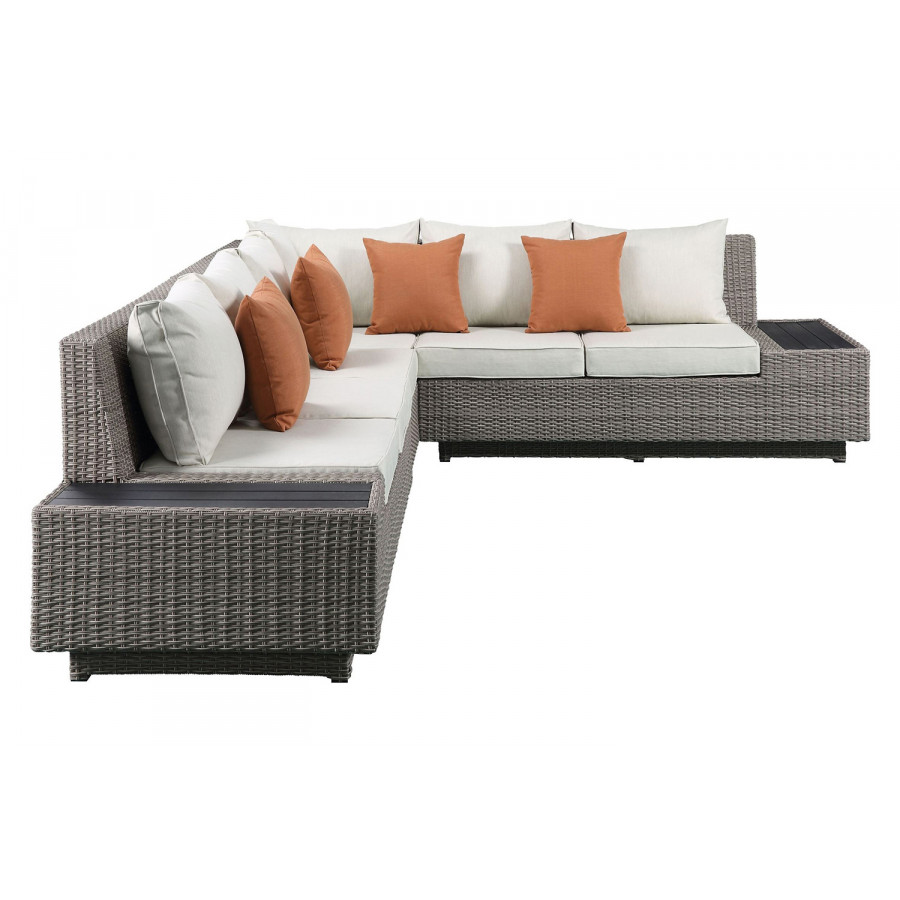 ACME - Salena Patio Sectional Sofa with 4 Pillows & Coffee Table in Beige/Gray Wicker