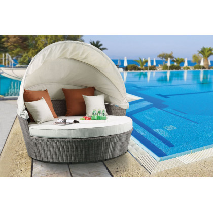 ACME - Salena Patio Canopy Sofa with 4 Pillows & Ottoman in Beige/Gray Wicker