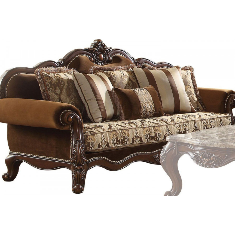 ACME - Jardena Sofa with 6 Pillows (Same Lv01591) in Pattern/Cherry Oak