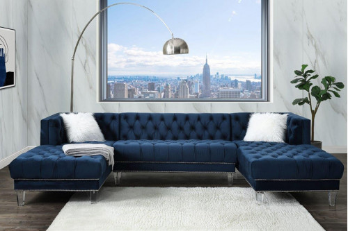 ACME™  - Ezamia Sectional Sofa with 2 Pillows in Navy Blue Velvet
