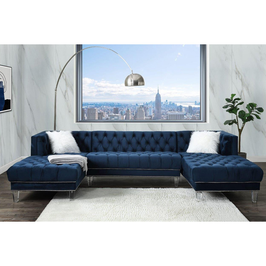 ACME - Ezamia Sectional Sofa with 2 Pillows in Navy Blue