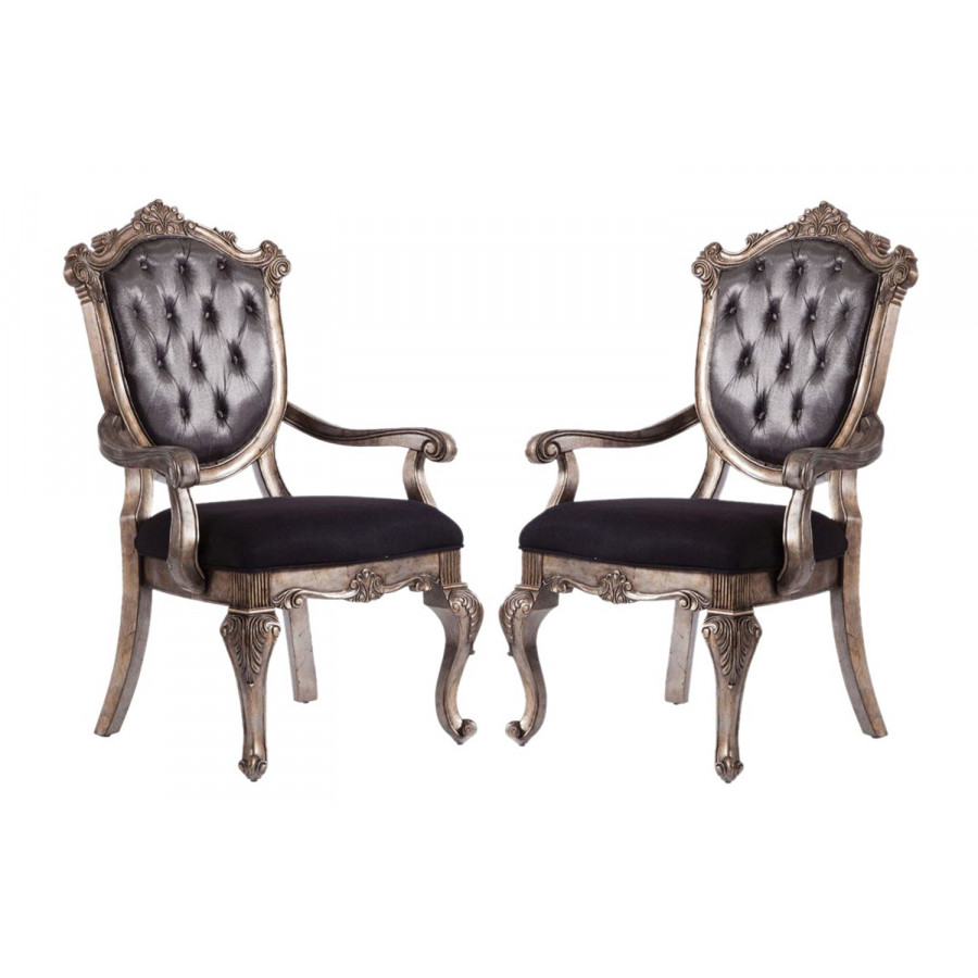 ACME Chantelle Arm Chair (Set-2) - Silver Gray Silk-Like/Antique Platinum