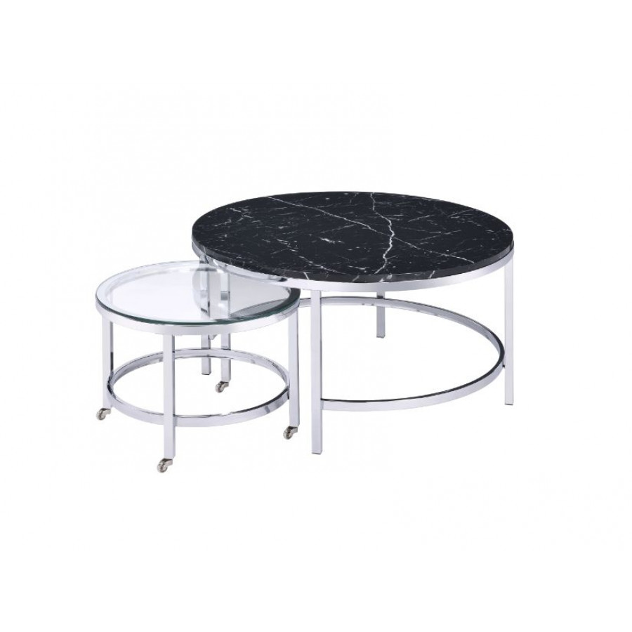 ACME - Virlana Nesting Table Set in Clear Glass/Faux Black Marble Top/Chrome