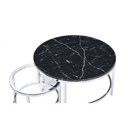 ACME - Virlana Nesting Table Set in Clear Glass/Faux Black Marble Top/Chrome