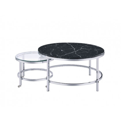 ACME - Virlana Nesting Table Set in Clear Glass/Faux Black Marble Top/Chrome