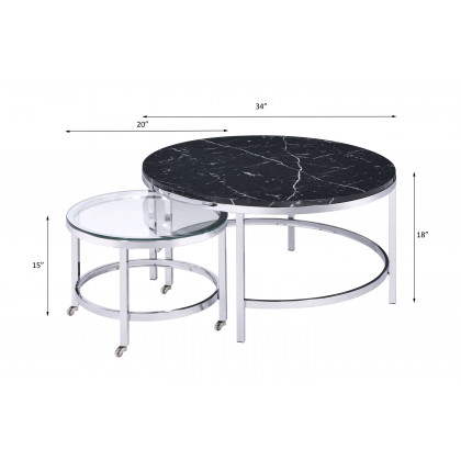 ACME - Virlana Nesting Table Set in Clear Glass/Faux Black Marble Top/Chrome