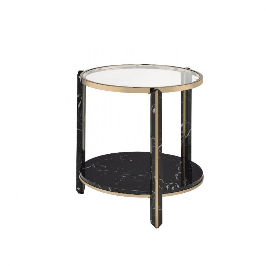 ACME - Thistle End Table in Clear Glass/Faux Black Marble Top/Champagne