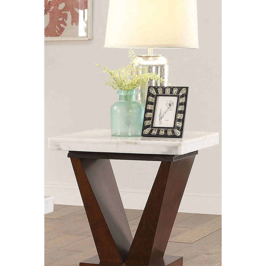 ACME - Forbes End Table in White Marble Top/Walnut