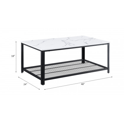 ACME Taurus Coffee Table - White Printed Faux Marble Top/Black