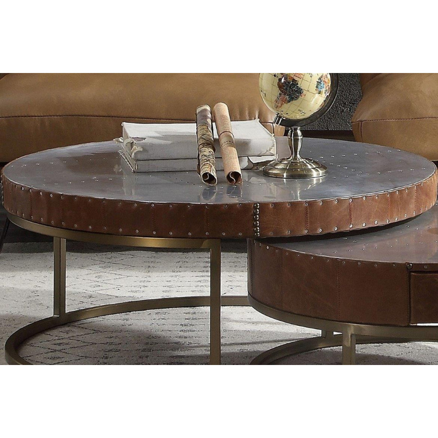 ACME - Tamas Aluminum and Cocoa Top Grain Leather Coffee Table