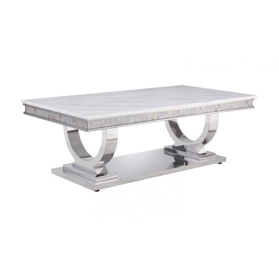 ACME - Zander Coffee Table in White Printed Faux Marble Top/Mirrored Silver