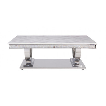 ACME - Zander Coffee Table in White Printed Faux Marble Top/Mirrored Silver
