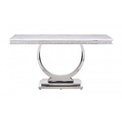 ACME - Zander Sofa Table in White Printed Faux Marble Top/Mirrored Silver