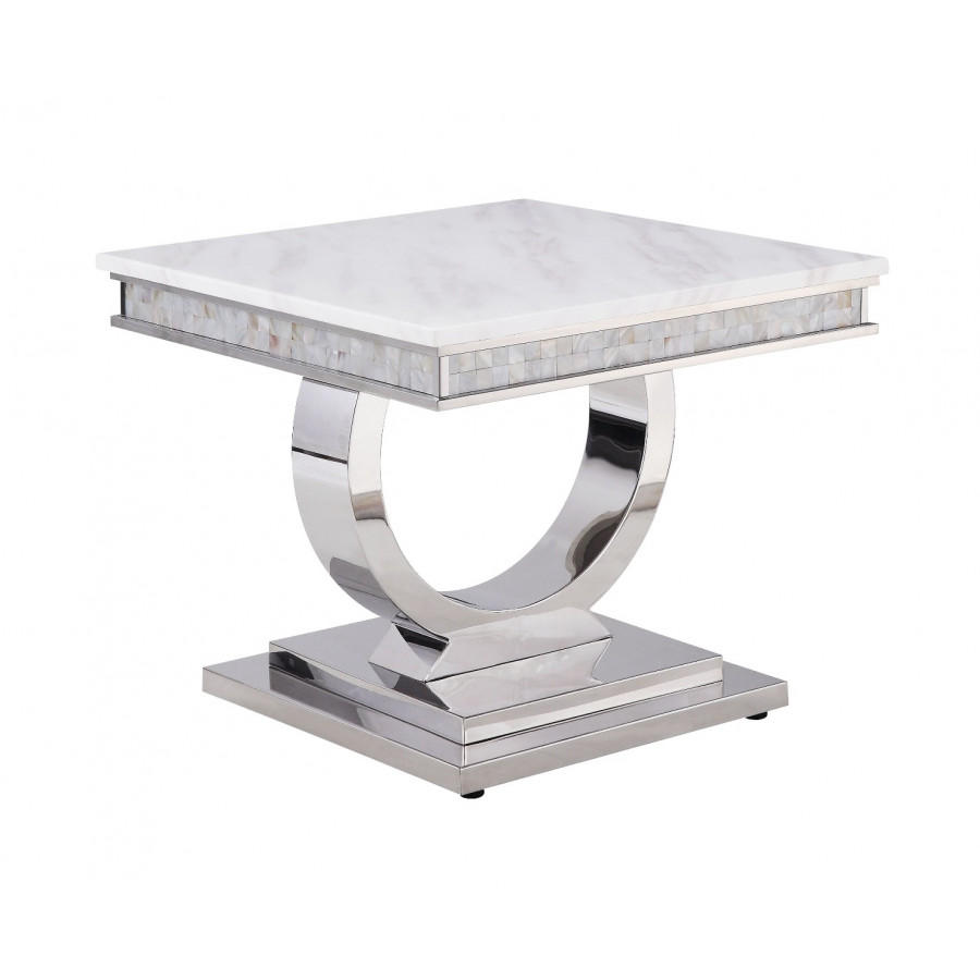 ACME - Zander End Table in White Printed Faux Marble Top/Mirrored Silver