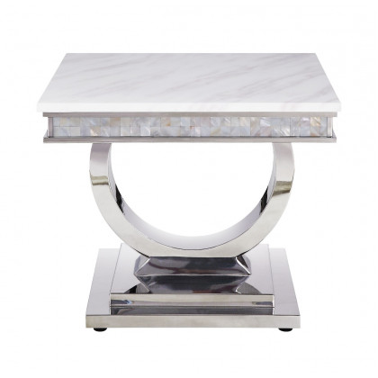 ACME - Zander End Table in White Printed Faux Marble Top/Mirrored Silver