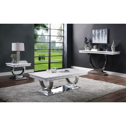 ACME - Zander End Table in White Printed Faux Marble Top/Mirrored Silver